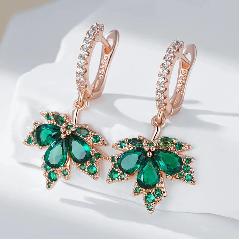 Shiny Green Zircon Maple Leaf Rose Gold Earrings for Women