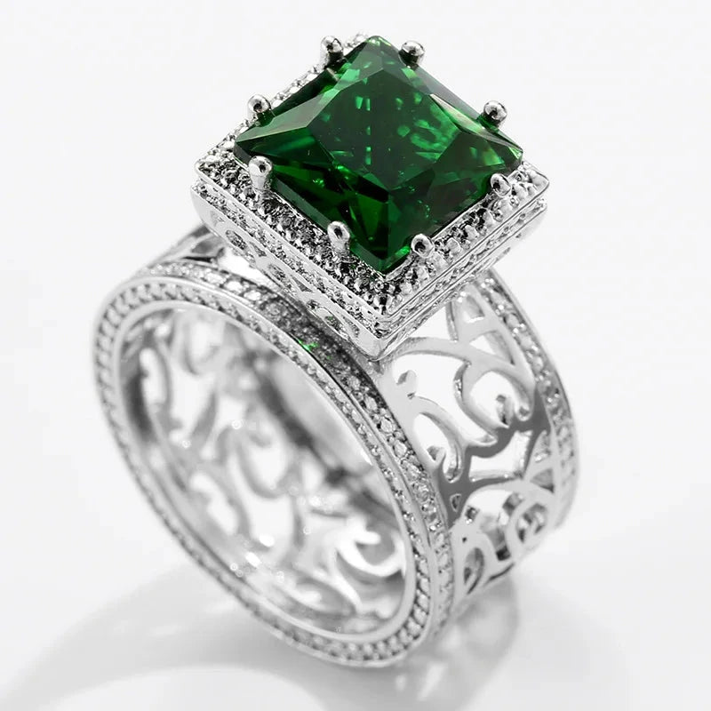 Square Green CZ Hollow Pattern Ring for WomenT05106
