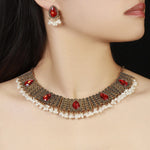 Exaggerated Sapphire Inlaid Fan-shaped Alloy Necklace Earring Set0Red