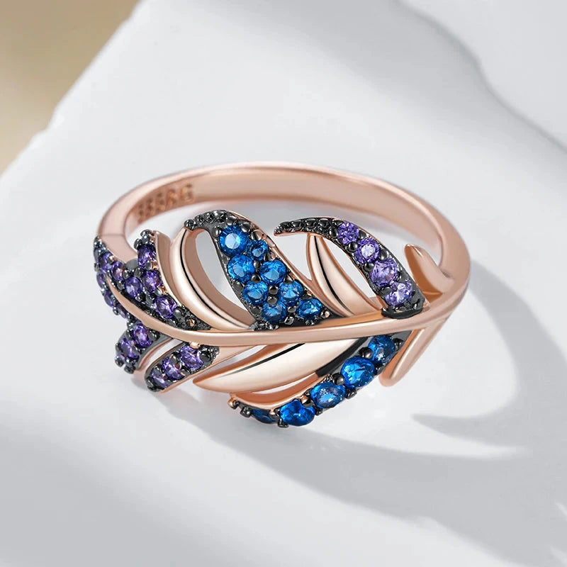 Purple With Blue Natural Zircon Leaf Ring For Women