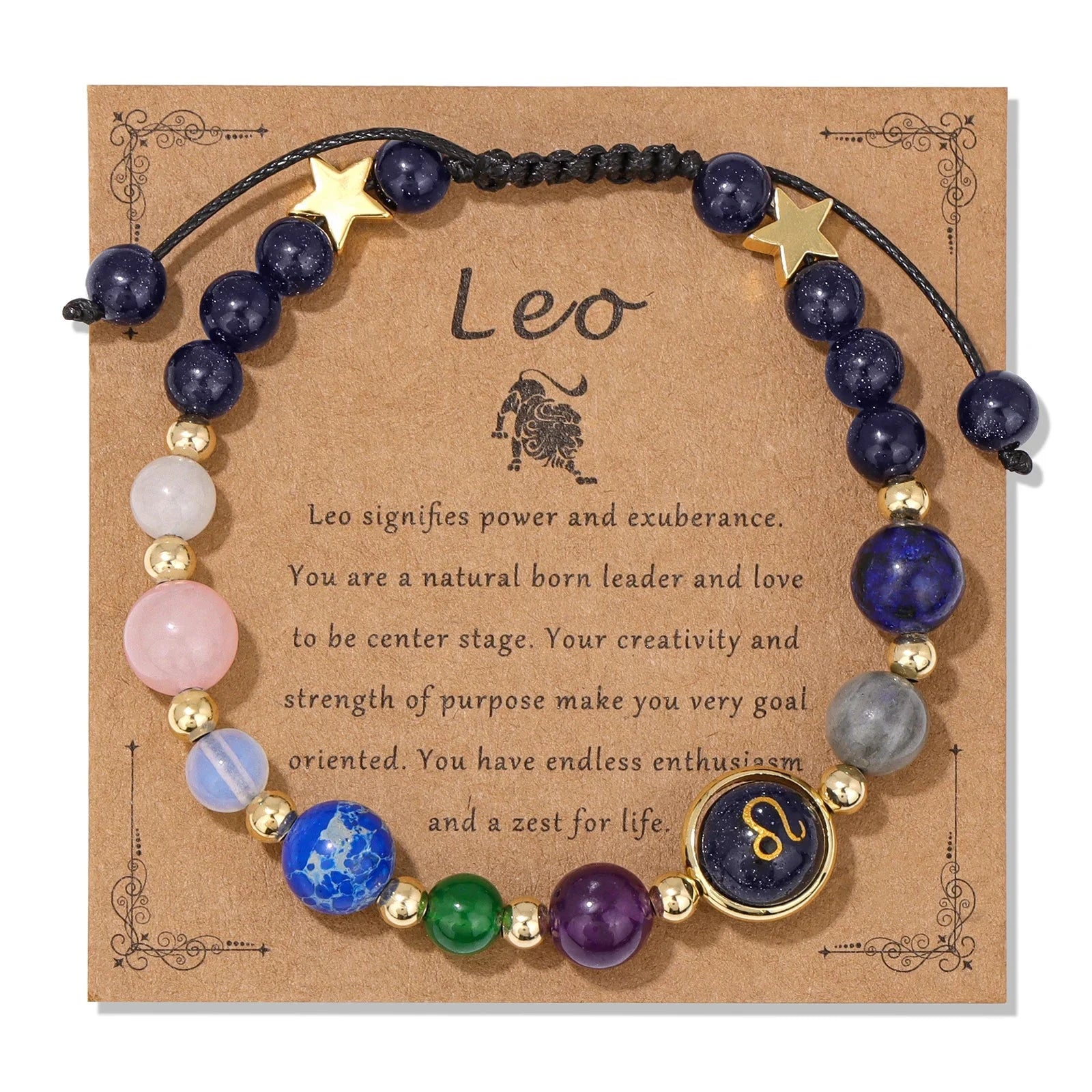 12 Zodiac Signs Natural Stone BraceletLeoAdjustable