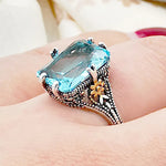 S925 Silver Ring High Sea Blue Topaz Ring Two-Tone Flower Ring