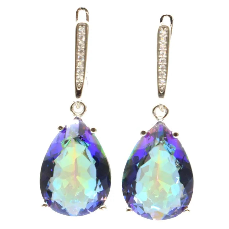 Drop Fire Rainbow Blue Mystic Topaz Sister Silver Pendant EarringsViolet Topaz