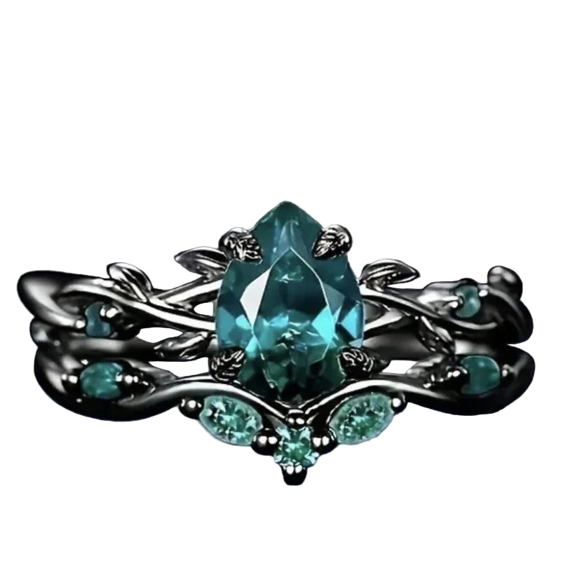 Luxury Black Color Inlaid with Green Stone Rings Set Round Flower Fashion Party Engagement Wedding Rings for Women Jewelry