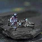 Retro Gun Black Leaf Ring with Colorful Stones