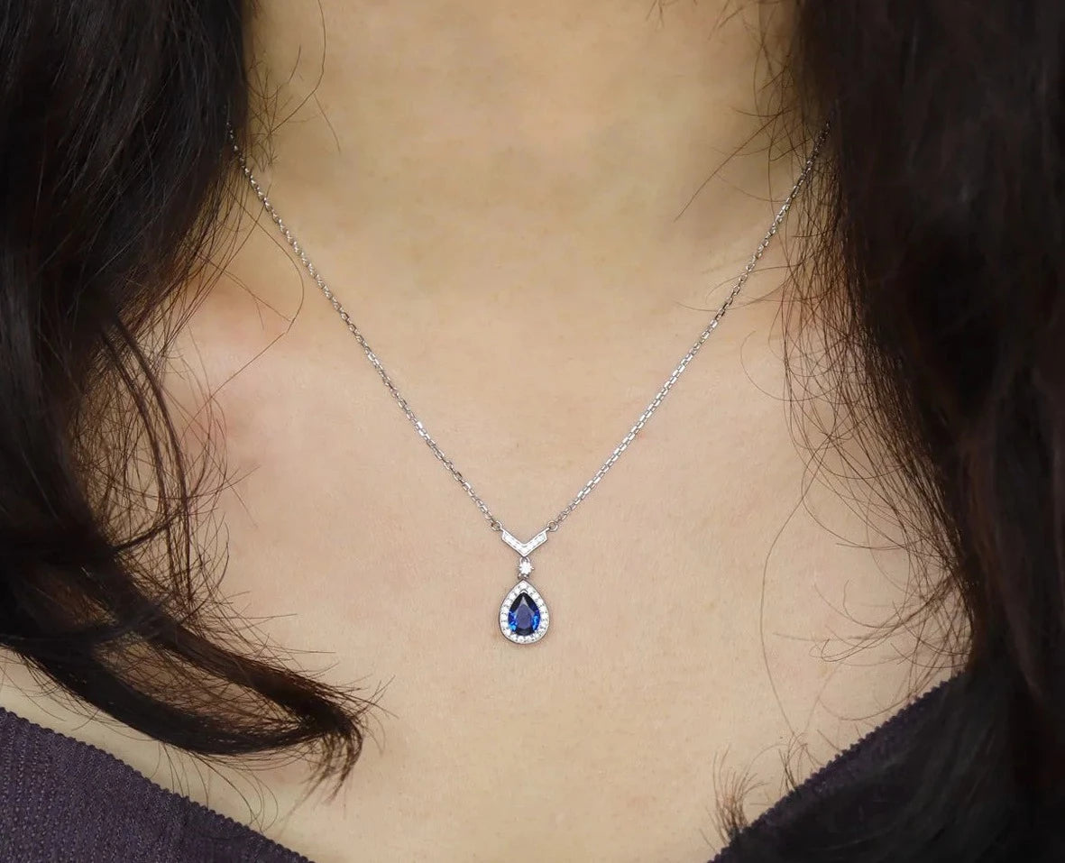 6*8MM Sapphire 925 Sterling Silver Pear Cut Pendant NecklaceNecklace