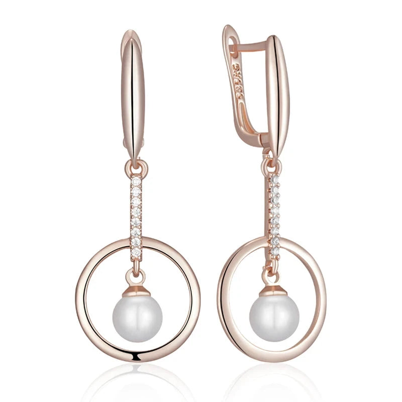 Geometry Rose Gold Pearl & Zircon Dangle Earrings for WomenH2620
