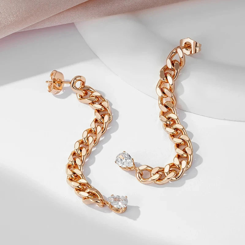 585 Rose Gold Unique Design Natural Zircon Long Dangle Earrings For Women