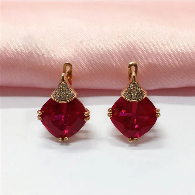 Purple Gold Geometric Square Ruby EarringsRed