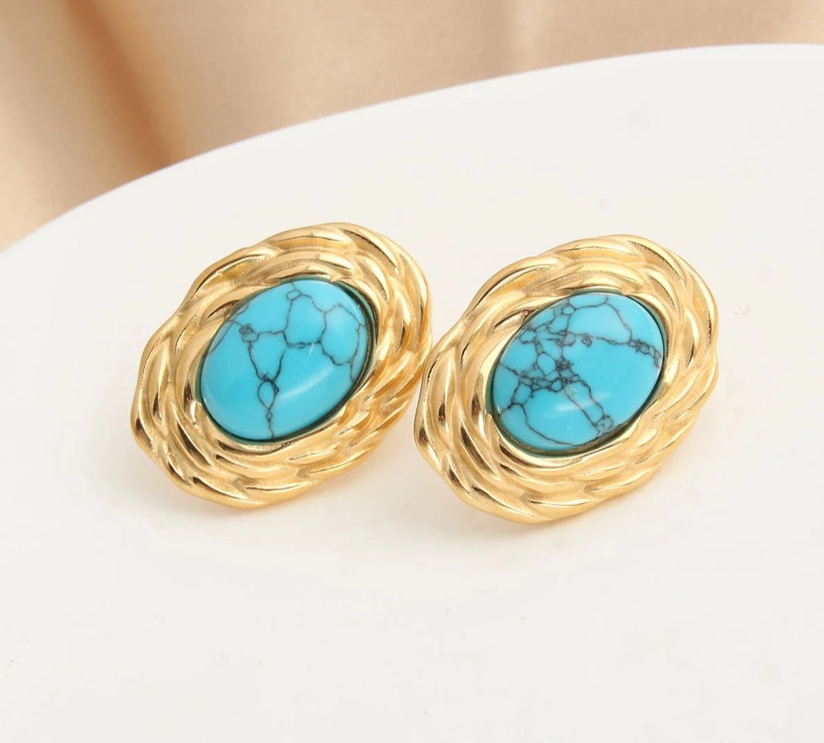 Natural Stone Turquoise Stud Earrings Gold Plated Stainless Steel