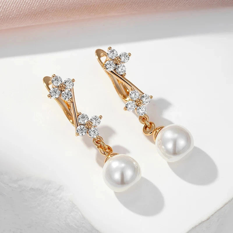 Rose Gold Pearl Dangle Earrings – Natural Zircon Luxury