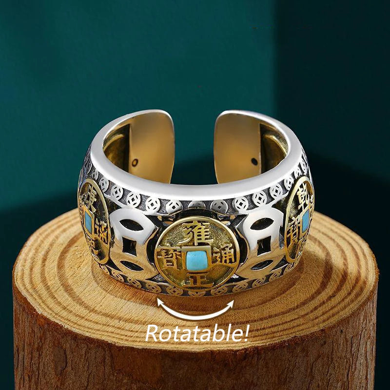 925 Silver Inlaid Copper Coin Turquoise Rotating Mens Rings Vintage Ethnic Style Classic Masculinity Banquet Jewelry Opening