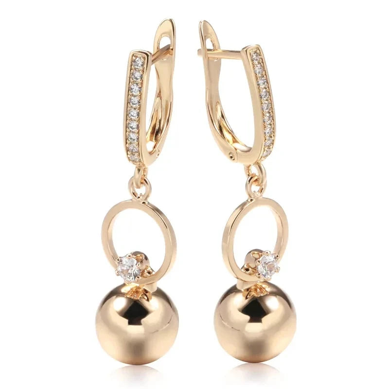 Wbmqda Fashion 585 Rose Gold Color Metal Ball Long Drop Earrings For Women Natural Zircon Setting Wedding Party Fine Jewelry