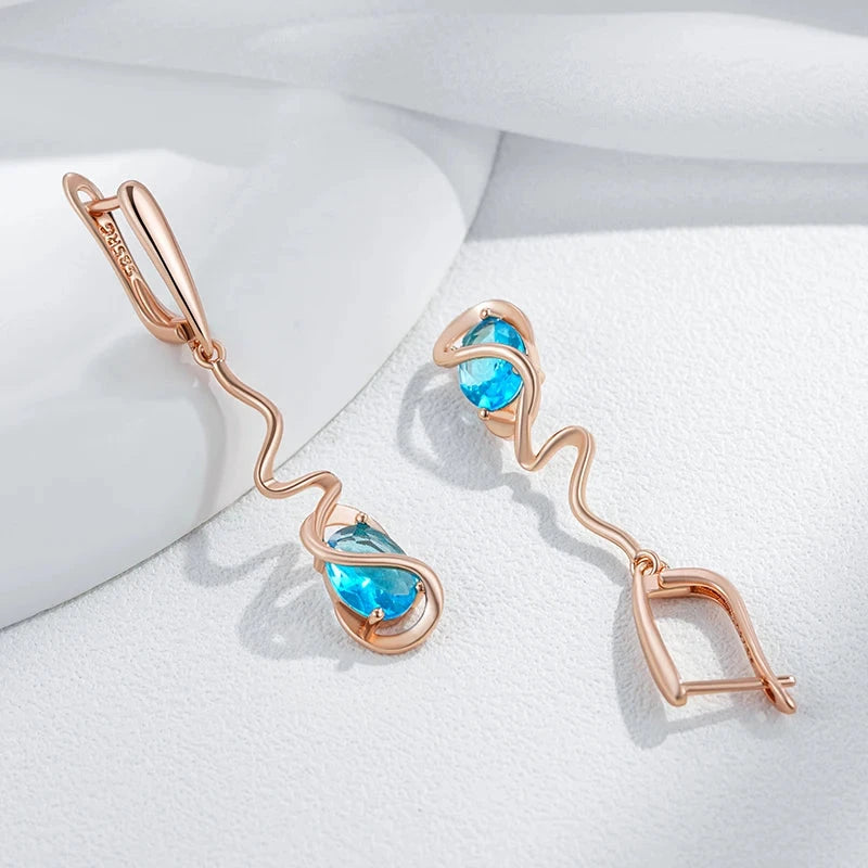 Romantic Rose Gold Blue Zircon Dangle Earrings for Women