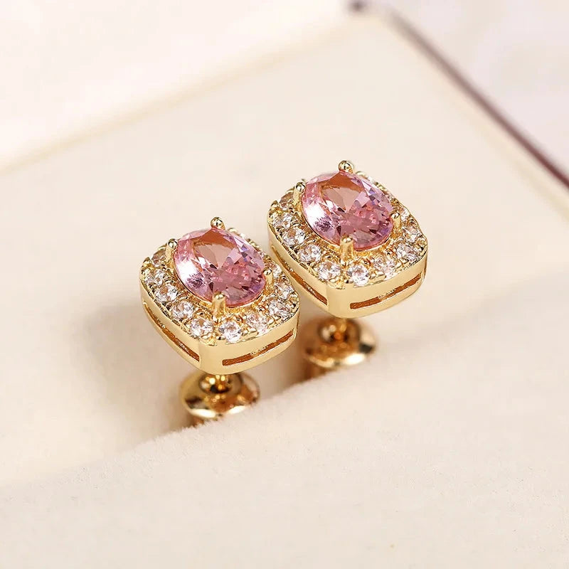 Elegant Pink Zircon Square Oval Earrings for Women