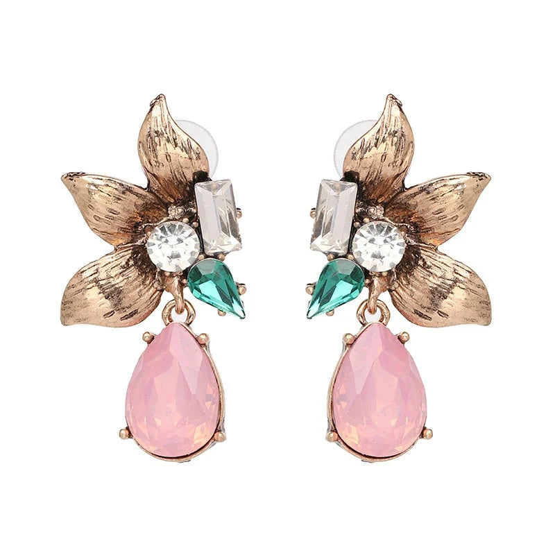 Flower Water Drop Dangle Post Earrings For WomenGold-Pink E
