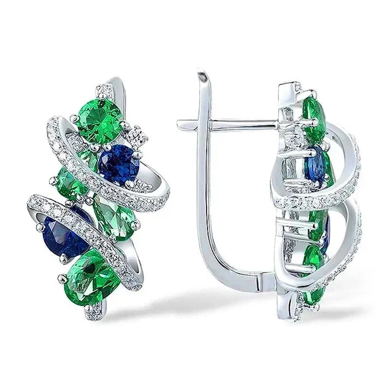 Luxury Silver Green & Blue Zircon Hoop Earrings for Women