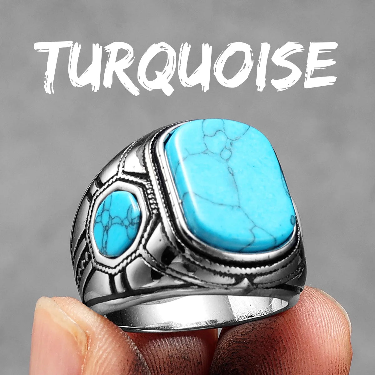 Turquoise Carved Men Rings Stainless Steel Vintage LookR1215-Turquoise7
