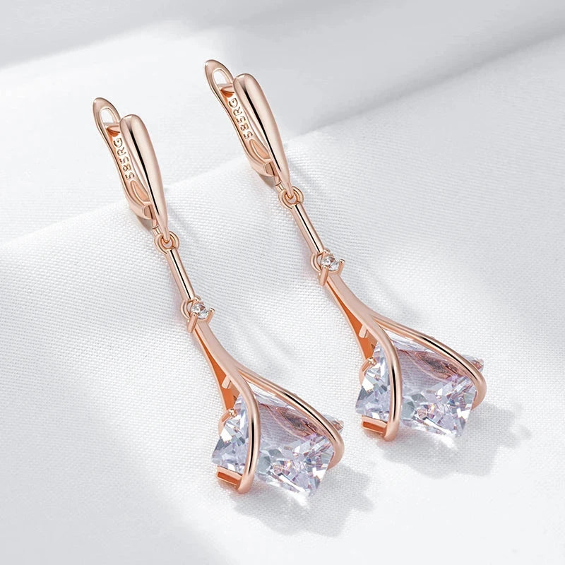 Shiny White Zircon Drop Earrings – 585 Rose Gold