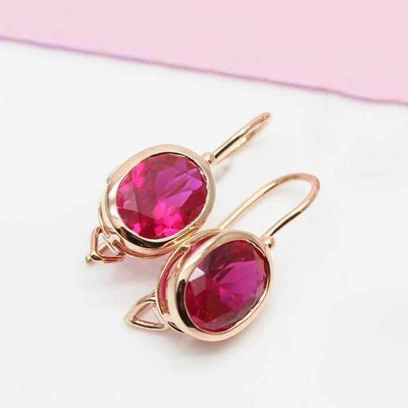 Gold plated 14K Rose gold inlaid Oval Ruby Eearrings