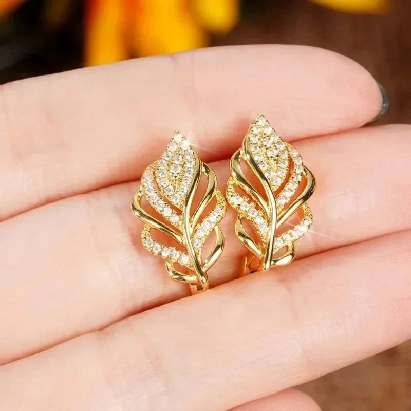 Leaf Shaped Hoop Gold Cubic Zircon Earrings for Women
