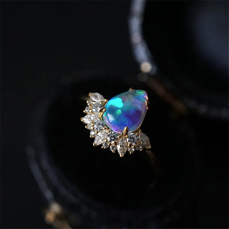 Luxury Blue Fire Opal Stone Engagement Ring Water Drop