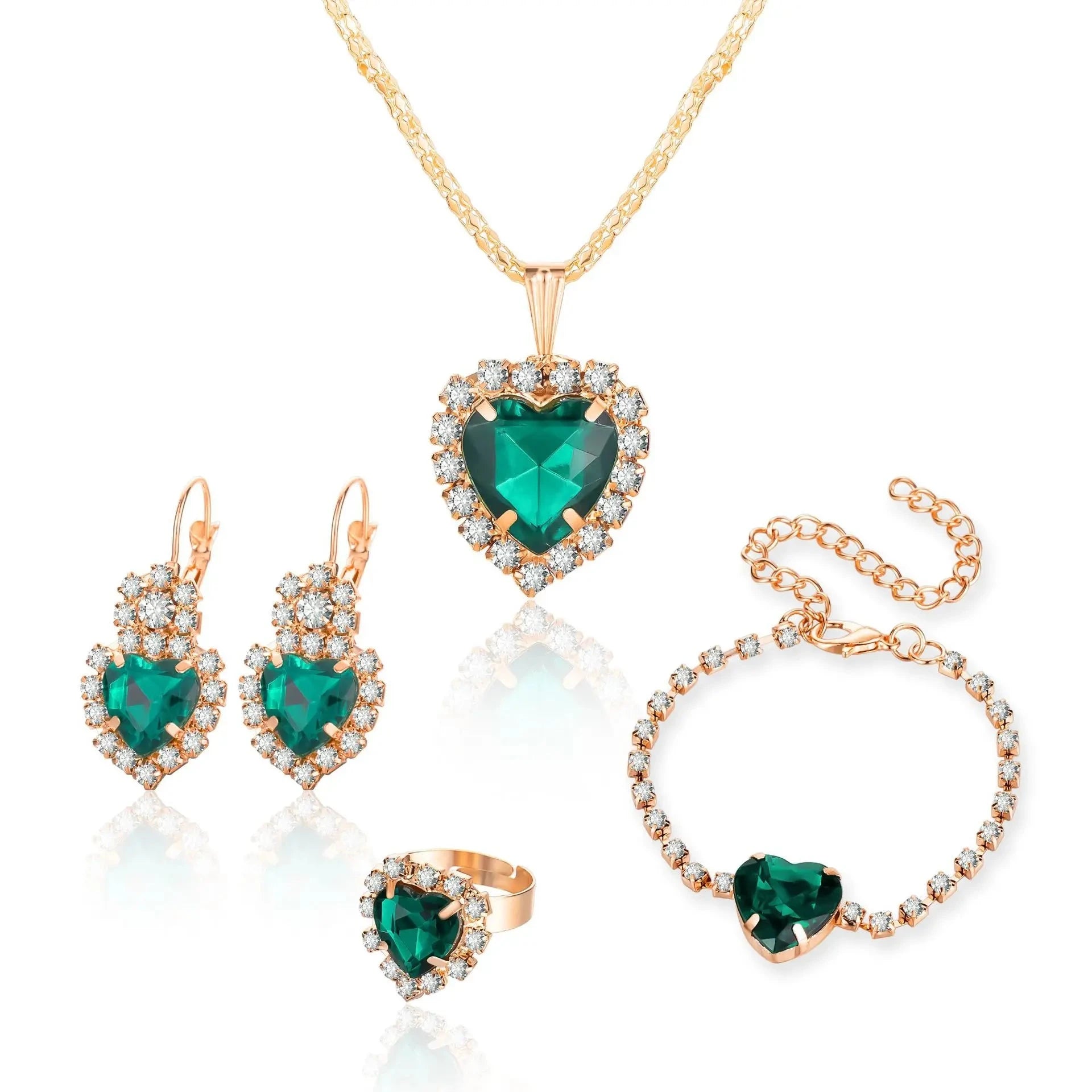 Blue Crystal Ring Necklace Earrings Set Wedding Jewelry SetsGreen Heart