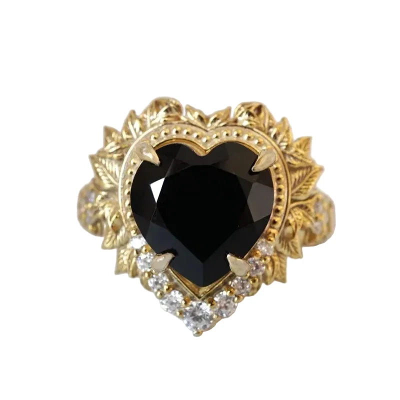 Luxury Gold Flower, Leaf & Heart Hollow Rings with White & Black Stones