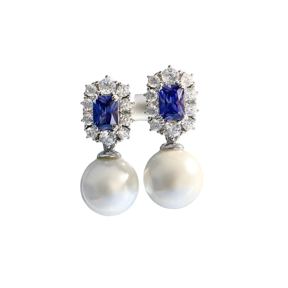 Vintage Noble 100% 925 Real Silver 12mm Pearl Sapphire Drop Earrings for Women