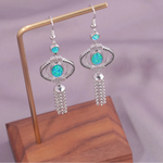 Vintage Blue Fire Opal Drop Dangle Earring with Stone Silver Plated Black Onyx Long Tassel Bohemia Boho Jewelry for Women