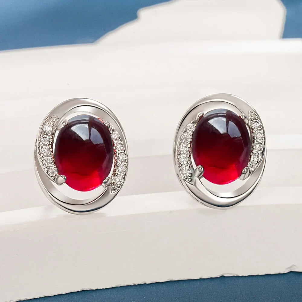 Sterling Silver Stud Earrings Round Ruby Fashionable For WomenSilver