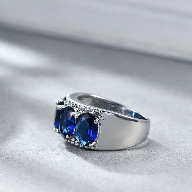 925 Sterling Silver Blue Round Shape Sapphire Rings For Women