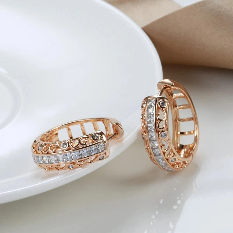 SYOUJYO Retro Round Hollow Shiny Natural Zircon Earrings For Women 585 Rose Gold Color Unique Light Luxury Party Jewelry