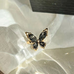 Gold Ring Black Crystal Butterfly Open for Women