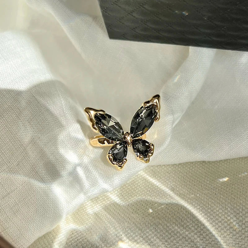 Gold Ring Black Crystal Butterfly Open for Women