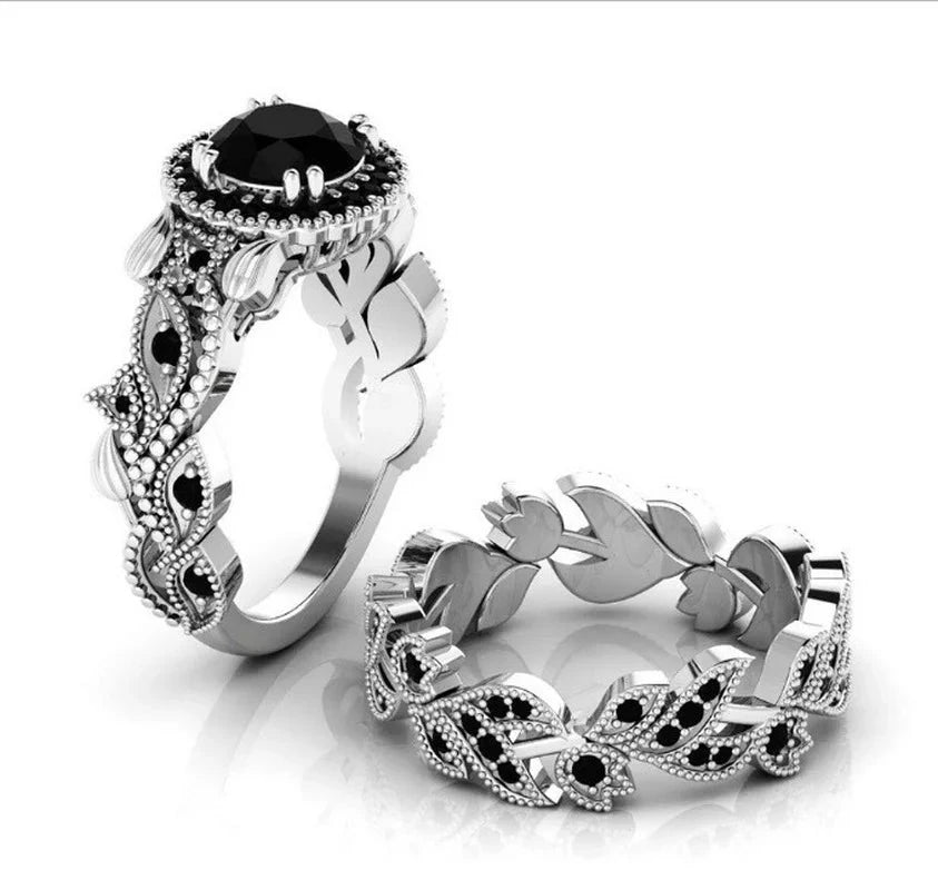 Rose Gold Black Zircon Flower Ring Set – Vintage (2pcs)