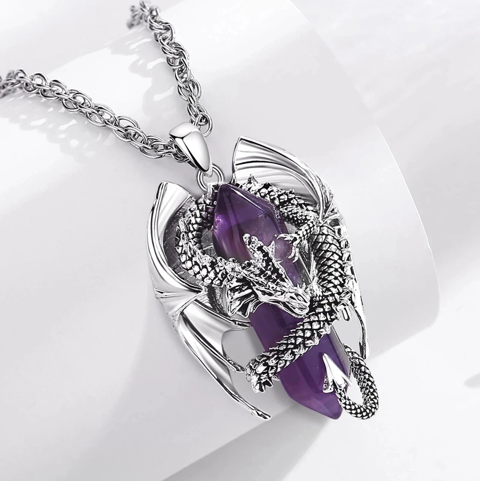 Dragon Twining Hexagonal Amethyst Prismatic Necklace