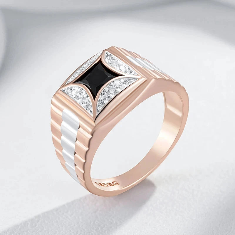 Luxury Black Natural Zircon 585 Rose Gold Silver Width Rings - Unisex