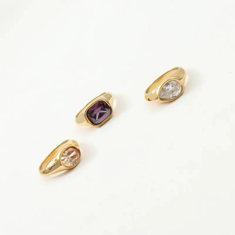 Luxury Shiny Cubic Zirconia Stainless Steel Wedding Statement Ring PVD Gold Plated Fashion Waterproof Jewelry