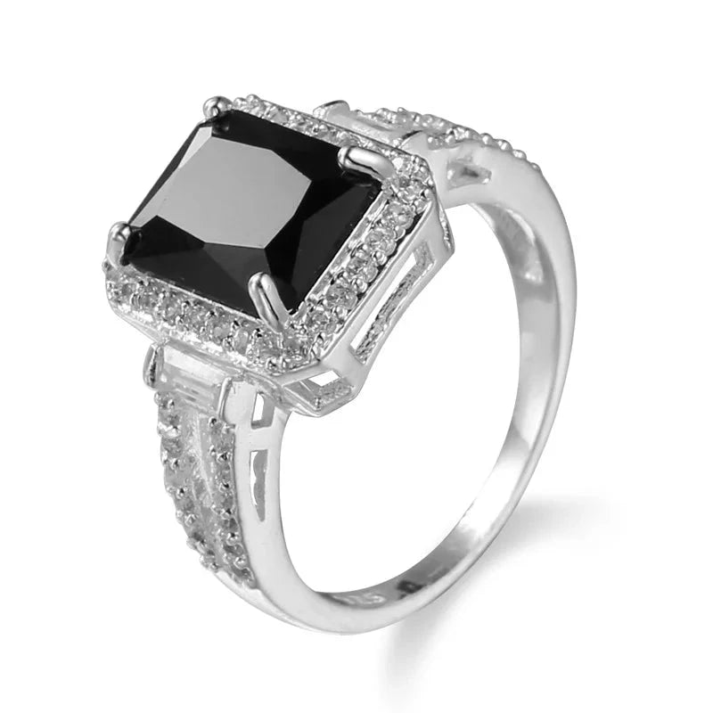 Charm Female Black Square Zircon Stone Ring 925 Sterling Silver Promise Weddind Rings for Women Big Crystal Ring Jewelry Anillos