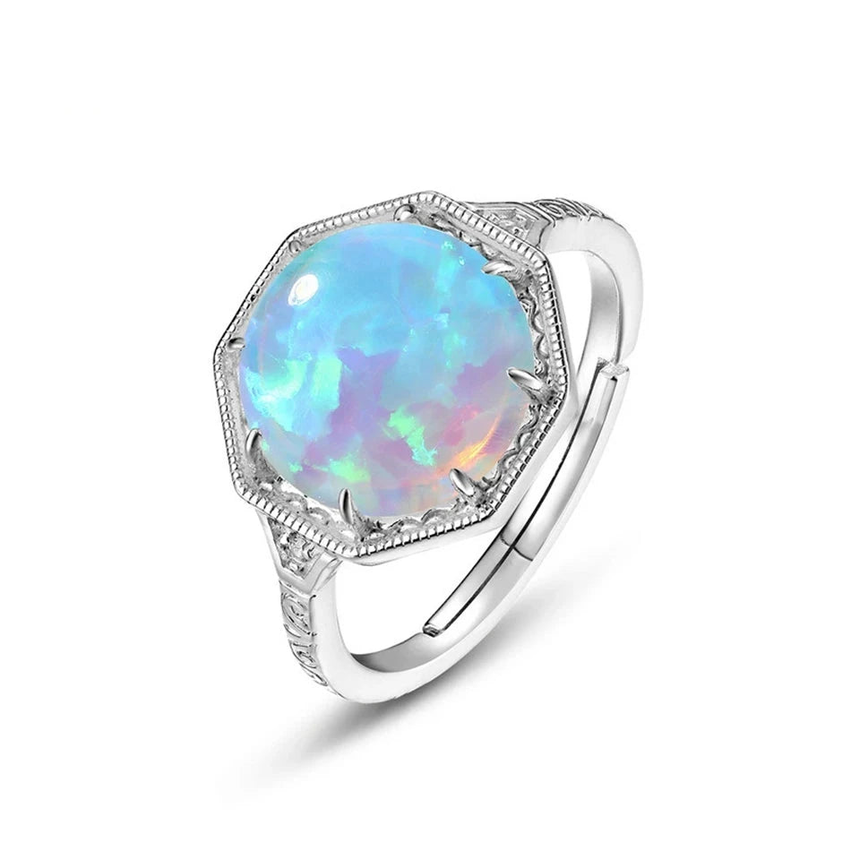 925 Sterling Silver Open Rings For Women Lab Created Opal 10*10mmresizable