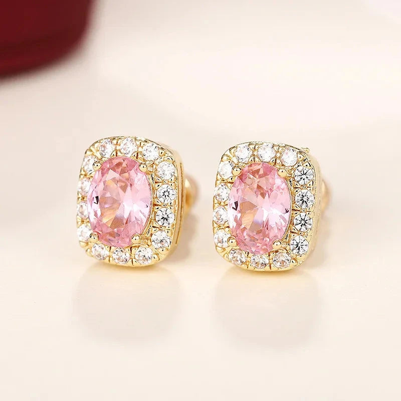 Elegant Pink Zircon Square Oval Earrings for Women