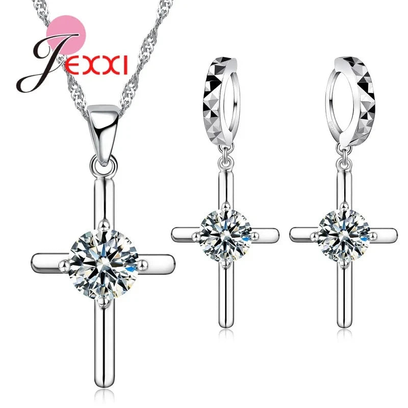 Trendy 925 Silver Color Jewelry Sets Cubic Zirconia Pendants Necklaces Charm Hoop Earrings Wedding Anniversary Gift For WomenS42901