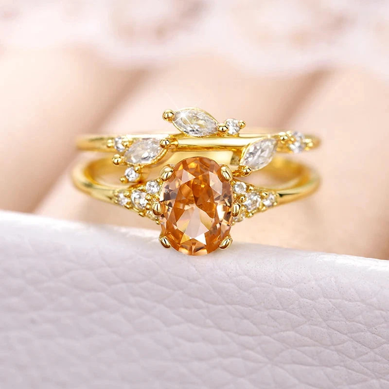 Huitan Champagne CZ 2Pcs Women Rings Aesthetic Wedding Accessories Gold Color Exquisite Leaf Rings Party Fashion Jewelry Sets