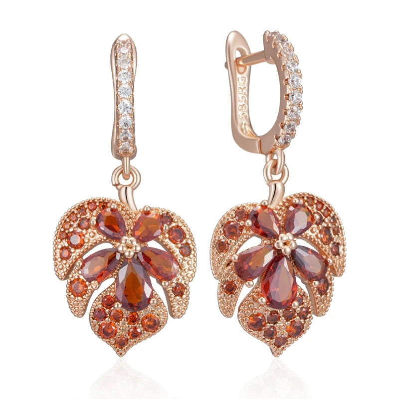 Rose Gold Red Zircon Maple Leaf Earrings for WomenH2476