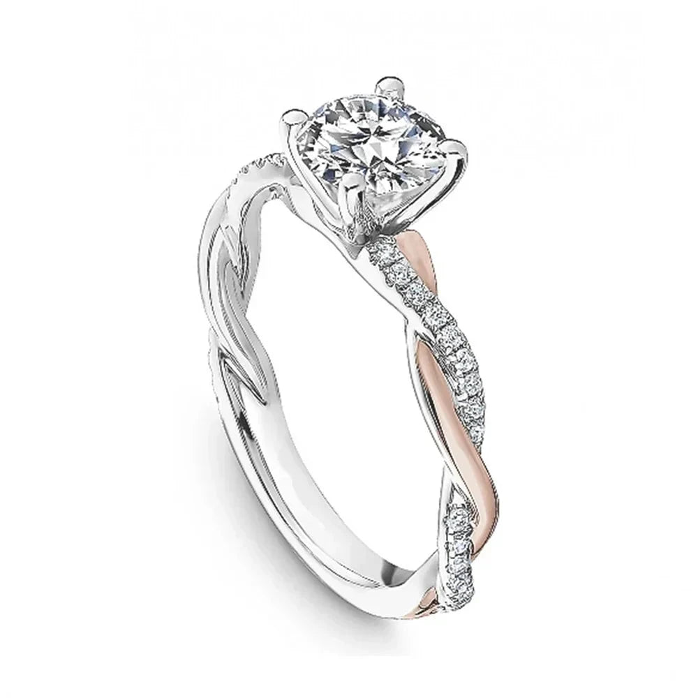 Huitan Delicate Two Tone Twist Women Rings Classic 4 Claw Design Shiny CZ Female Wedding Engagement Romantic Girl Gift New