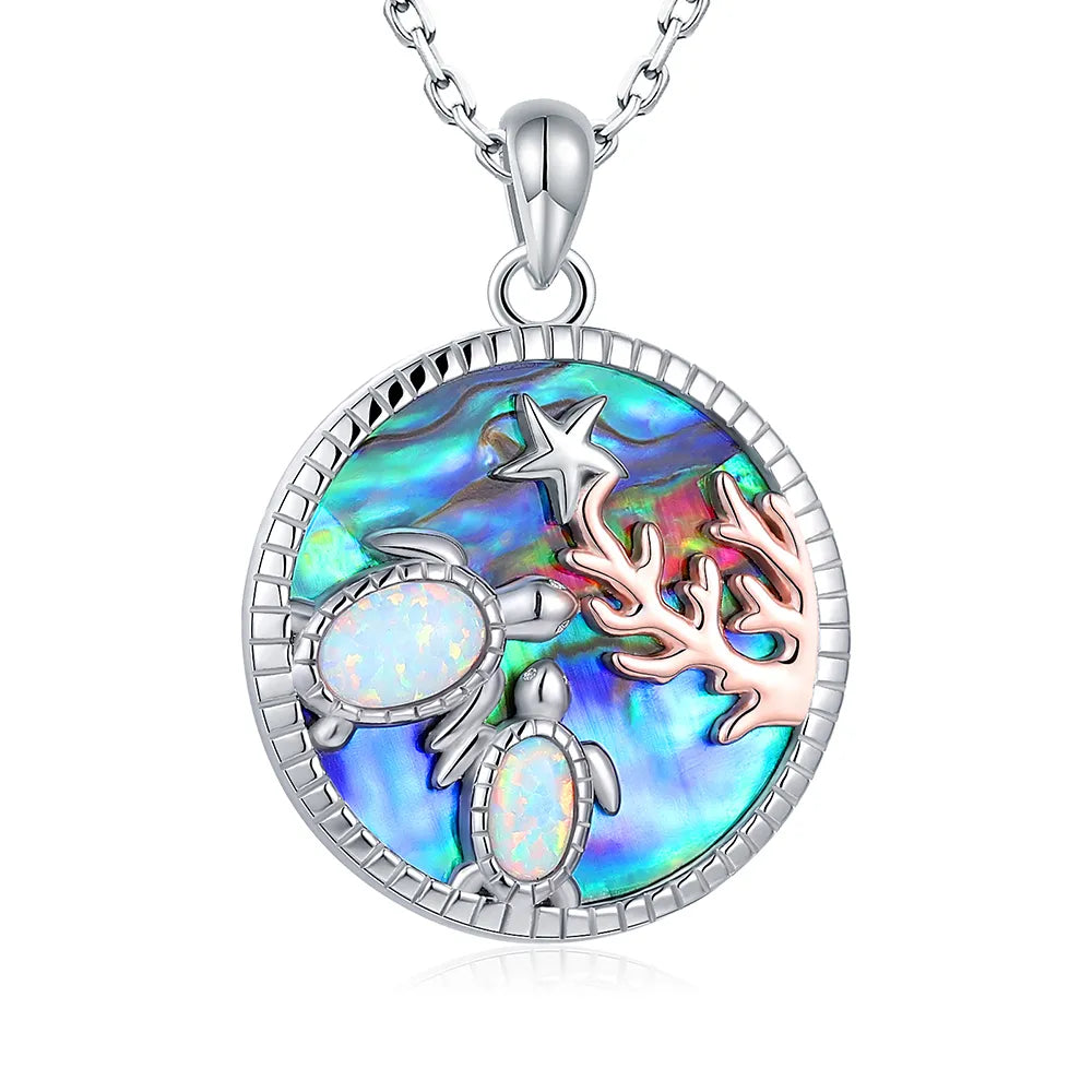 Opal Abalone Sea Turtle 925 Sterling Silver Pendant NecklaceNecklaceCircle40 cm
