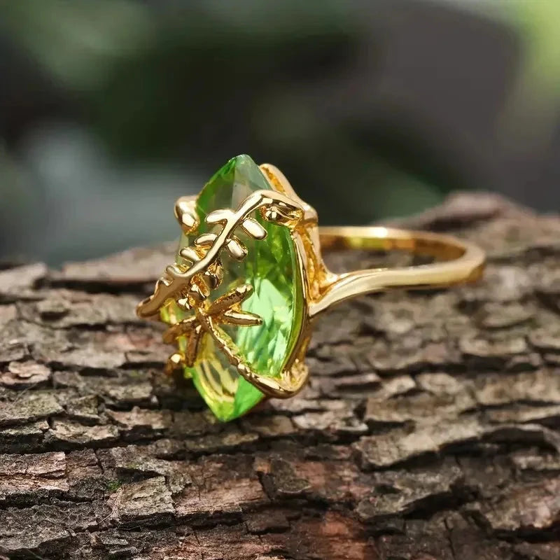 Dragonfly Water Olive Green Gold Ring for Women