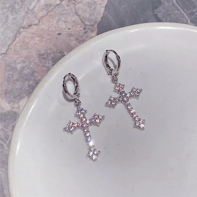 Rhinestone Zircon Cross Pendant Earrings