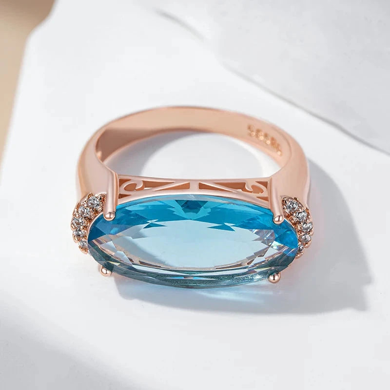 585 Rose Gold Blue Oval Ring for Women